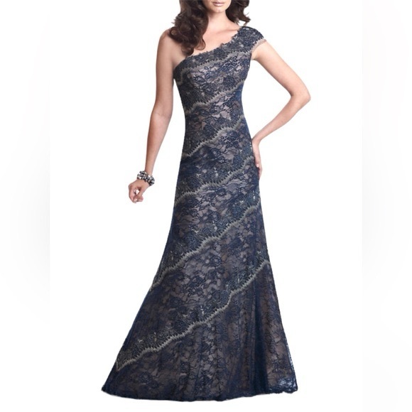 Mon Cheri Montage Navy One-Shoulder Lace Dress 8 Formal Elegant Wedding Floral - Picture 2 of 16